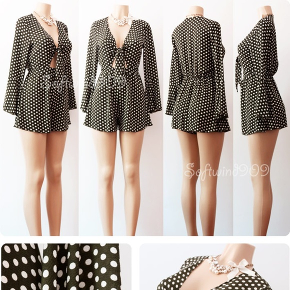 Last☝️Olive Khaki Polka Dot Tie Front Retro Romper - Picture 5 of 8